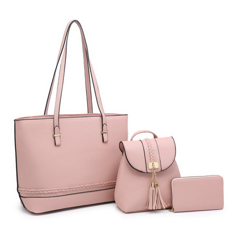 Solid ColWomen's or Tote Bag Set 3-Piece Lightweight PU Leather Shoulder Bag with Zipper Multiple Pockets Adjustable Strap Fringe Small Backpack - Total Trends Fusion