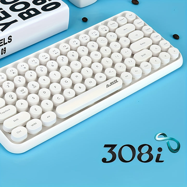 AJAZZ NACODEX 84 Keys Pink Wireless Keyboard With Cute Retro Round Keycaps, Comfortable Ergonomic Typewriter Keyboard Compatible With Android Windows IOS Suitable For Home And Office Keyboards - Total Trends Fusion
