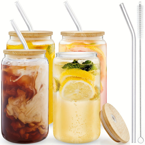 4pcs Glass Cups With Lids And Straws, 16OZ Beer Can Shaped Drinking Glasses Set, Iced Coffee Cup, Glass Tumbler With 1 Cleaning Brush, Ideal For Cocktail, Whiskey, Tea - Total Trends Fusion