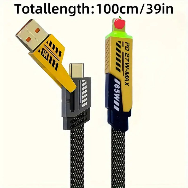 A 47.24-inch yellow mech shell data cable, one cable with 4 types of interfaces, suitable for most charging devices, safe, stable, and efficient. - Total Trends Fusion