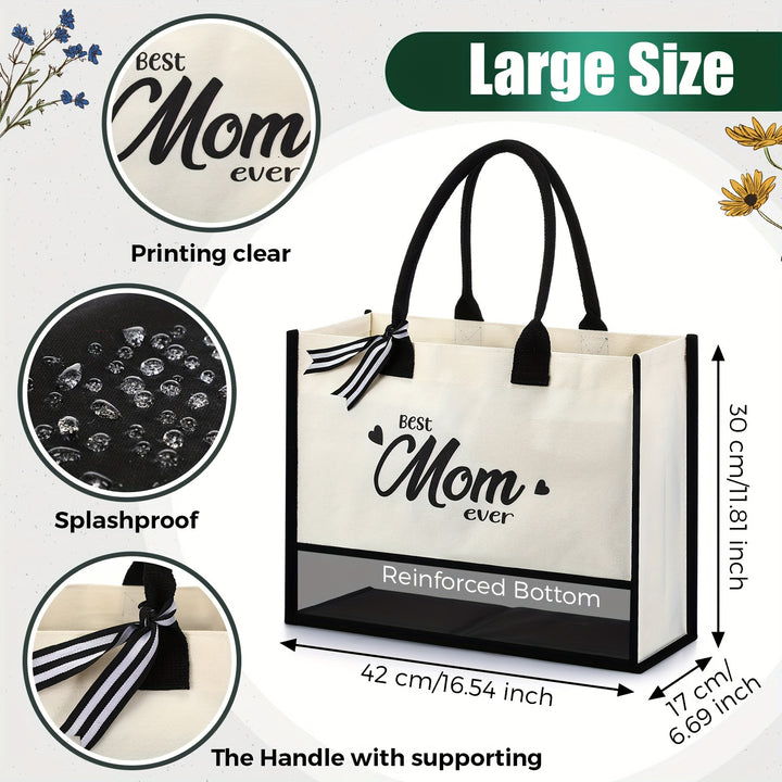 Mother's Day Mom Tote Bag 16.5 X 11.8 X 6.7 Inch Canvas Beach Bag Gifts For Mother Initial Tote Bags For Mother Best Mom Ever Gifts With Zipper And Inner Pocket Mom Bags For Women First Time Mom - Total Trends Fusion
