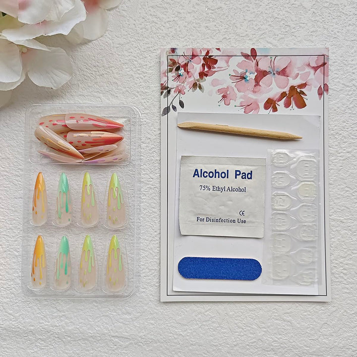 24Pcs Long Fake Nails Almond Press on Nail French Tip Glue on Nails Rainbow Ice Cream Design Acrylic Nails Almond Nails for Women and Girls