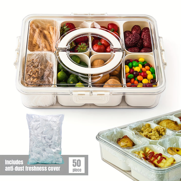 Divided Serving Tray with Lid and Handle - 8-Compartment Snack Box for Portable Snack Platters and Home Decor - Perfect for Parties, Entertaining, and Travel. Includes 50 free freshness bags. - Total Trends Fusion