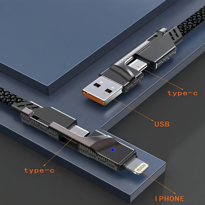 4-In-1 Usb-C Charging & Data Cable, 59" High-Speed Braided Cord With Multi-Connector Heads For Iphone, For Ipad, And For SamSung Galaxy - Supports Power Delivery Up To 120W - Total Trends Fusion