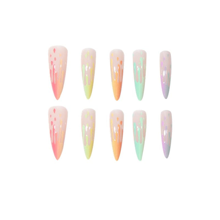 24Pcs Long Fake Nails Almond Press on Nail French Tip Glue on Nails Rainbow Ice Cream Design Acrylic Nails Almond Nails for Women and Girls