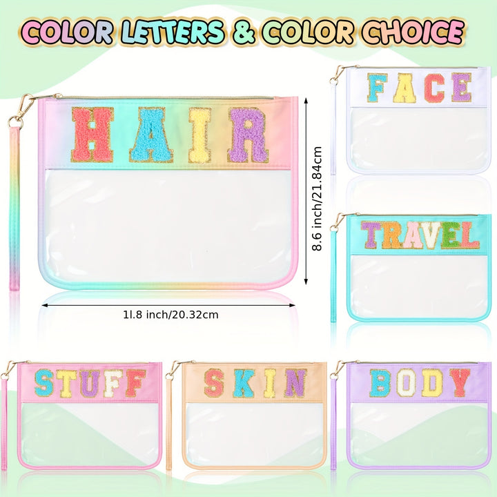 6 Pcs Chenille Letter Clear Zipper Pouch Waterproof Cosmetic Pouch Clear Travel Gym Beach Bag Clear Travel Patch Purse Makeup Letter Bag For Women Girls, 6 Colors (Cute, Macaron Colors) - Total Trends Fusion