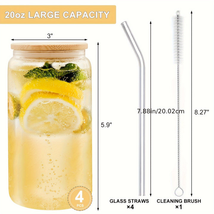4pcs Glass Cups With Lids And Straws, 16OZ Beer Can Shaped Drinking Glasses Set, Iced Coffee Cup, Glass Tumbler With 1 Cleaning Brush, Ideal For Cocktail, Whiskey, Tea - Total Trends Fusion