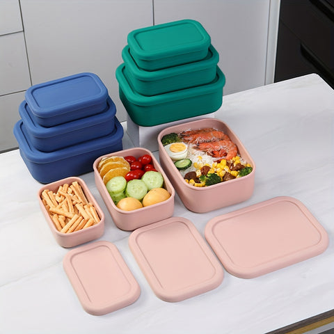 3pcs Silicone Bento Lunch Box Set with Lids - Airtight, Microwave & Dishwasher Safe Food Storage Containers in Green/Pink/Blue - Perfect for School, Office, Camping & Picnics (10oz, 23.6oz, 44oz) - Total Trends Fusion