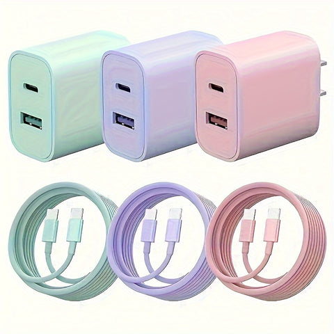 Dual 20W Fast Charger Block - USB C Dual Port Power Adapter with 6FT Type C Cable for Fast Charging iPhone 15 Series, iPad, Samsung and More in Purple, Pink, Green, and White Colors - Total Trends Fusion