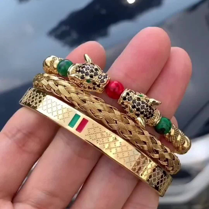1pc Double Leopard Head Enamel Green Red Bracelet, Stainless Steel Bracelet Bangle, For Men Women