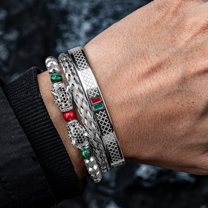 1pc Double Leopard Head Enamel Green Red Bracelet, Stainless Steel Bracelet Bangle, For Men Women - Total Trends Fusion