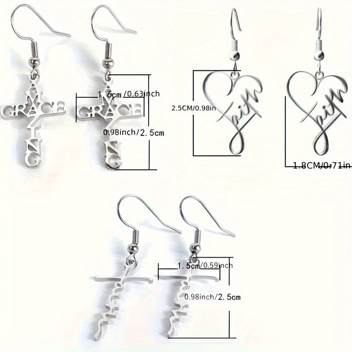 3 Pairs Stainless Steel Amazing Grace Shaped Hook Dangle Earrings, Unisex Jewelry for Daily Accessories and Chic Gifts - Total Trends Fusion
