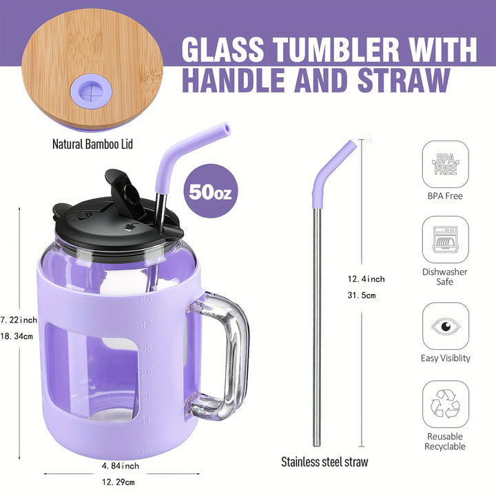 MUKOKO 50 Oz Mug Tumbler, Glass Pitcher With Handle, 1.5 Liter Tumbler With Lids And Straw, Water Bottle With Ounce Marker, Glass Coffee Cup For Travel, Gifts, Dishwasher Safe BPA Free - Total Trends Fusion