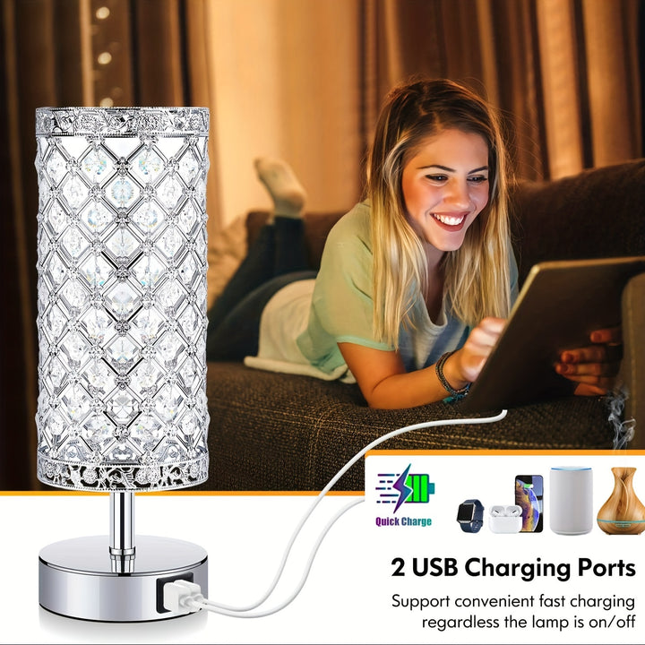 Touch Control Crystal Table Lamp Set of 2 Bedside Nightstand Lamps with 2 USB Charging Ports, 3-Way Dimmable, K9 Crystal Decorative Desk Lamp for Bedroom, Girls Guest Room, Living Room, Bulbs Included - Total Trends Fusion