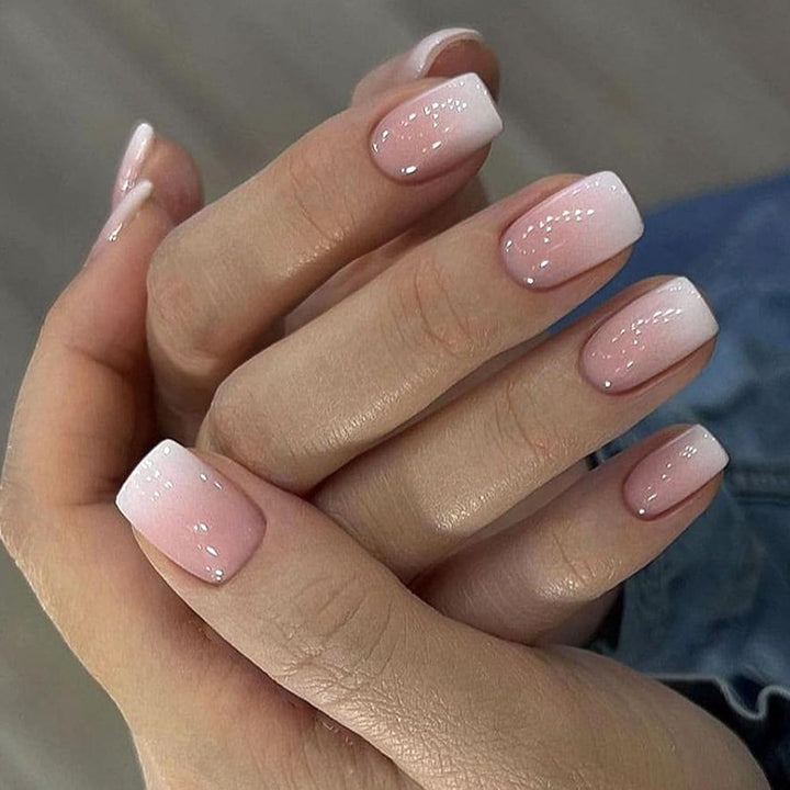 French Tip Press on Nails Short Square Fake Nails with Leopard Print French Bow Designs Nude Glue on Nails Press Ons Glossy False Nails Reusable Cute Stick on Nails for Women 24 Pcs