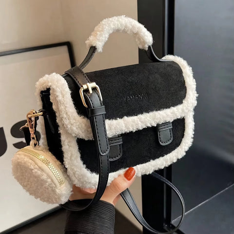 Mini Plush Handbag with round Coin Purse, Autumn Winter Crossbody Bag, Womens Faux Shoulder Bag Packing Cubes for Travel Bogg