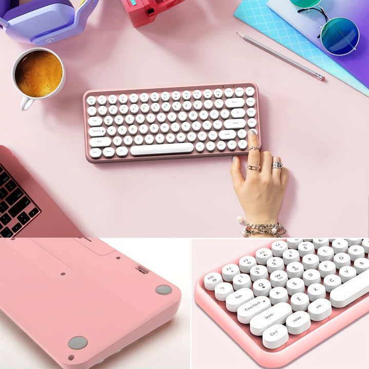 ZIYOU LANG Wireless BT Keyboard, Mini Portable 84-Key Typewriter Retro Round Keycaps Keyboard, Compatible With Android, Windows, PC, Tablet-Dark, Perfer For Home And Office Keyboards(Pink) - Total Trends Fusion