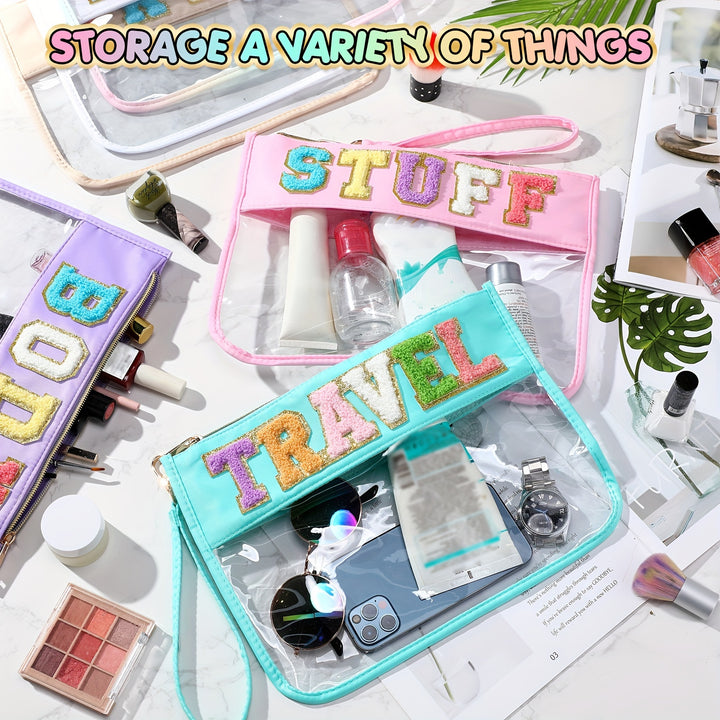 6 Pcs Chenille Letter Clear Zipper Pouch Waterproof Cosmetic Pouch Clear Travel Gym Beach Bag Clear Travel Patch Purse Makeup Letter Bag For Women Girls, 6 Colors (Cute, Macaron Colors) - Total Trends Fusion