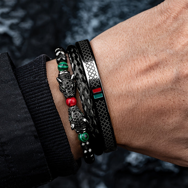 1pc Double Leopard Head Enamel Green Red Bracelet, Stainless Steel Bracelet Bangle, For Men Women - Total Trends Fusion