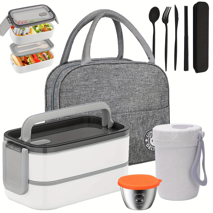 60oz 2 layers Multi grid Lunch Box with Sauce Box, Soup Cup, Cutlery, and Insulated Bag. Lunch Box Set. - Total Trends Fusion