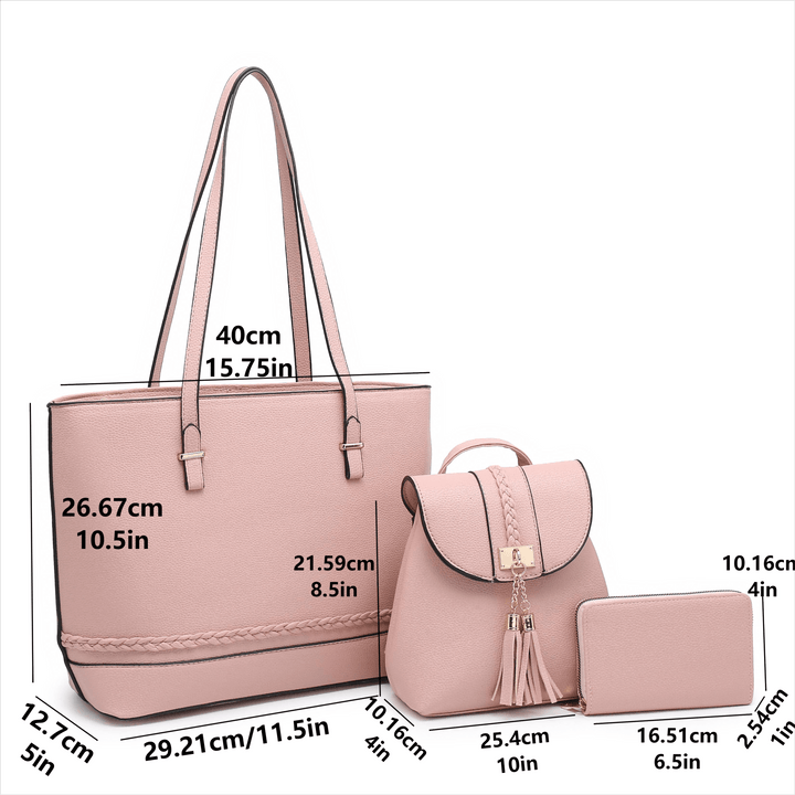 Solid ColWomen's or Tote Bag Set 3-Piece Lightweight PU Leather Shoulder Bag with Zipper Multiple Pockets Adjustable Strap Fringe Small Backpack - Total Trends Fusion
