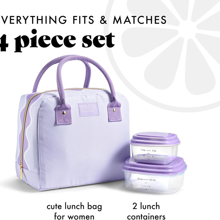 Lunch Bag for Women, Insulated Womens Lunch Bag for Work, Leakproof & Stain-Resistant Large Lunch Box for Women with Containers, Zipper Closure Bloomington Lunch Bag, Lavender Scallop