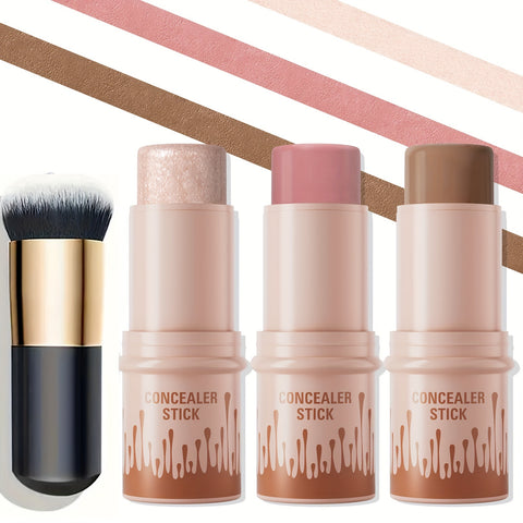 3Pcs Contour Stick, Blush Stick, Highlighter Stick, Bronzer Stick, 3 Pcs Cream Contour Kit With Brush For A Flawless Look, Contour Stick Makeup Non-Greasy Waterproof, Long-lasting Fair-Medium - Total Trends Fusion