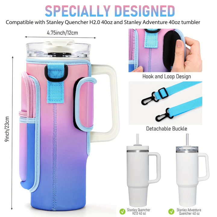 1pc Water Bottle Holder with Strap and Pocket For 40oz Tumbler Cup, Water Bottle Pouch With Adjustable Strap, Cup Accessories - Total Trends Fusion