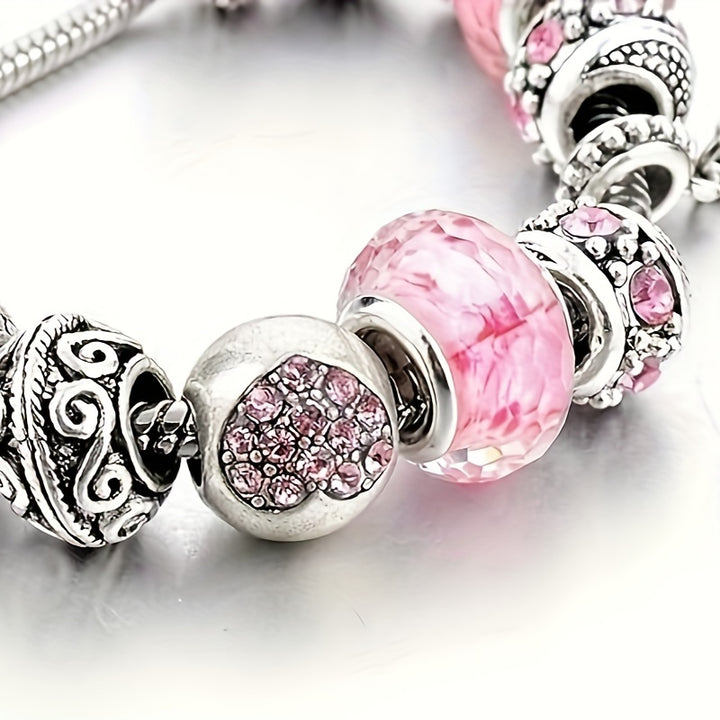 Pink Heart-Shaped Pendant - Adjustable Serpentine Chain Beaded Jewelry Gift Set