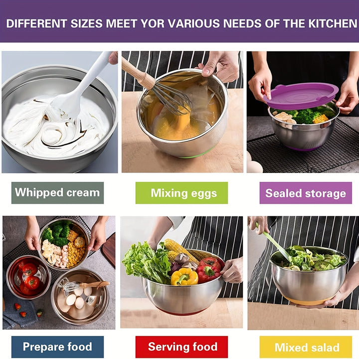 Bowls With Airtight Lids, 20 Piece Stainless Steel Metal Nesting Bowls, Non-Slip Colorful Silicone Bottom, Size 7, 3.5, 2.5, 2.0, 1.5, 1, 0.67QT, Great For Mixing, Baking, Serving - Total Trends Fusion