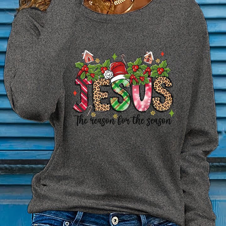 Women's Casual Long Sleeve T-Shirt, Round Neck, Polyester, Christmas "Jesus" Graphic, Leopard Print, Knit Fabric, Regular Fit, Pullover, All Seasons - Total Trends Fusion