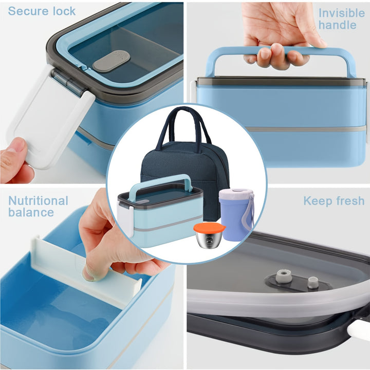 60oz 2 layers Multi grid Lunch Box with Sauce Box, Soup Cup, Cutlery, and Insulated Bag. Lunch Box Set. - Total Trends Fusion