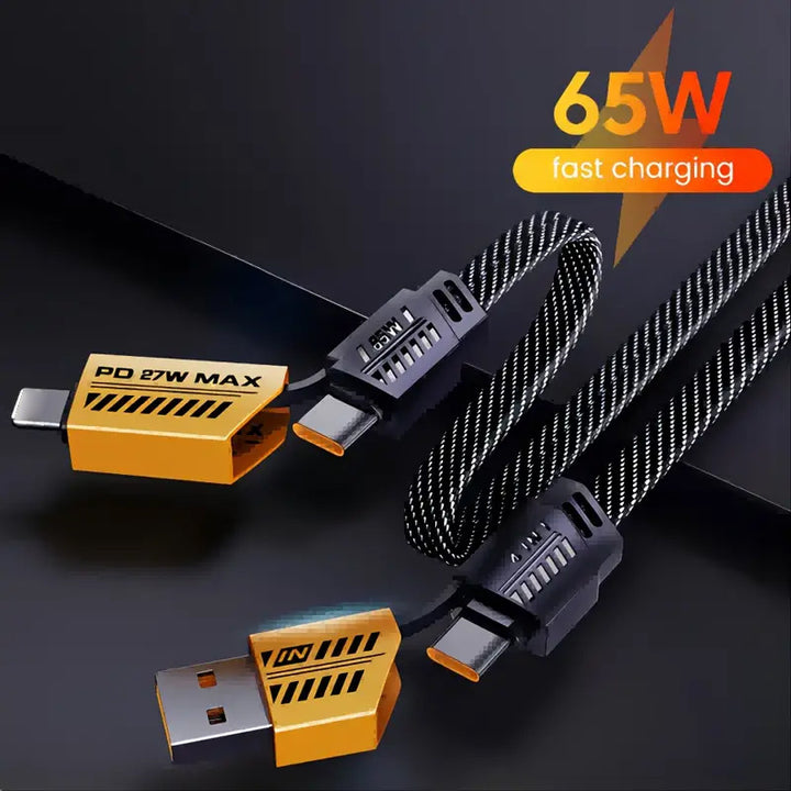 A 47.24-inch yellow mech shell data cable, one cable with 4 types of interfaces, suitable for most charging devices, safe, stable, and efficient. - Total Trends Fusion