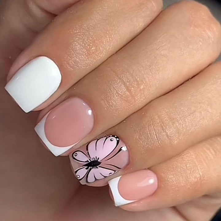 French Tip Press on Nails Short Square Fake Nails with Leopard Print French Bow Designs Nude Glue on Nails Press Ons Glossy False Nails Reusable Cute Stick on Nails for Women 24 Pcs