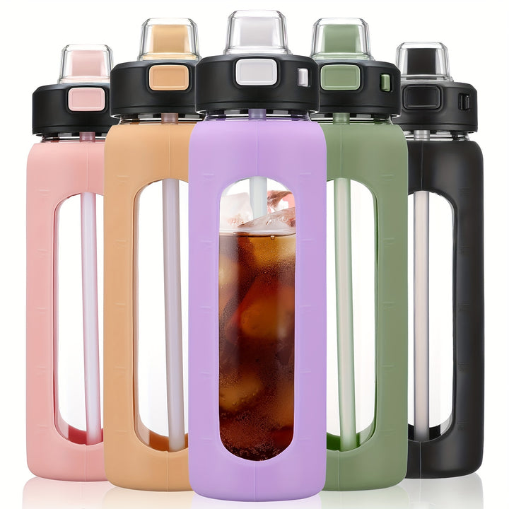 MUKOKO 24oz Glass Water Bottle With Straw, Motivational Water Bottles With Time Marker And Silicone Sleeve, Glass Bottle With Locking Lid And Carry Loop - Total Trends Fusion