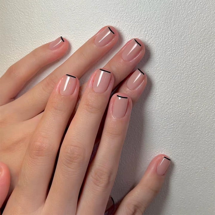 24Pcs/Set Short Fake Nails for Women Girls French Nude Square White Tips with Rhinestones Glitters Y2K Press on False Nail Art