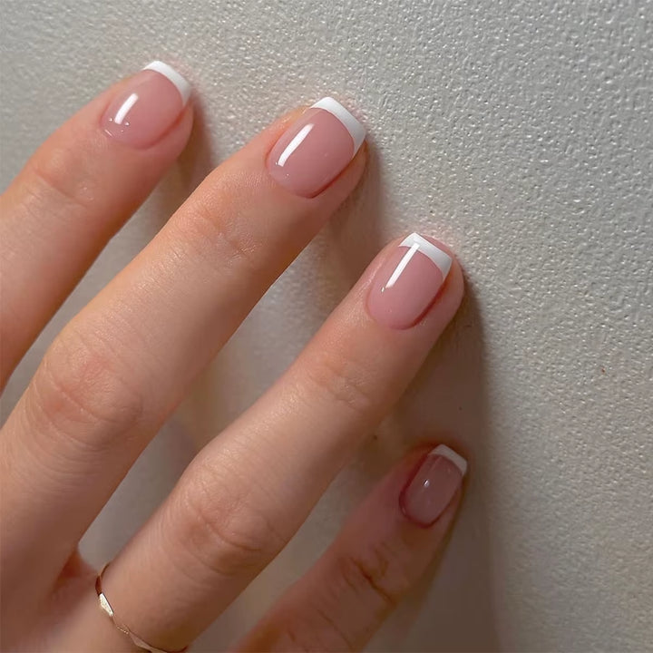 24Pcs/Set Short Fake Nails for Women Girls French Nude Square White Tips with Rhinestones Glitters Y2K Press on False Nail Art