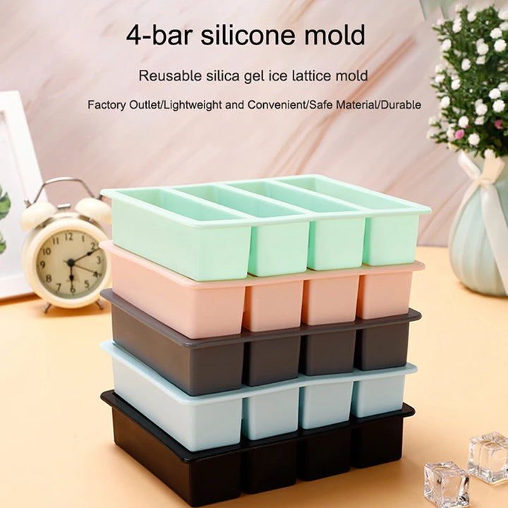 Long Ice Cube Tray 4 Grids Reusable Silicone Ice Cube Mold DIY Ice Maker Food Grade Durable Silicone Wine Square Tray Mould
