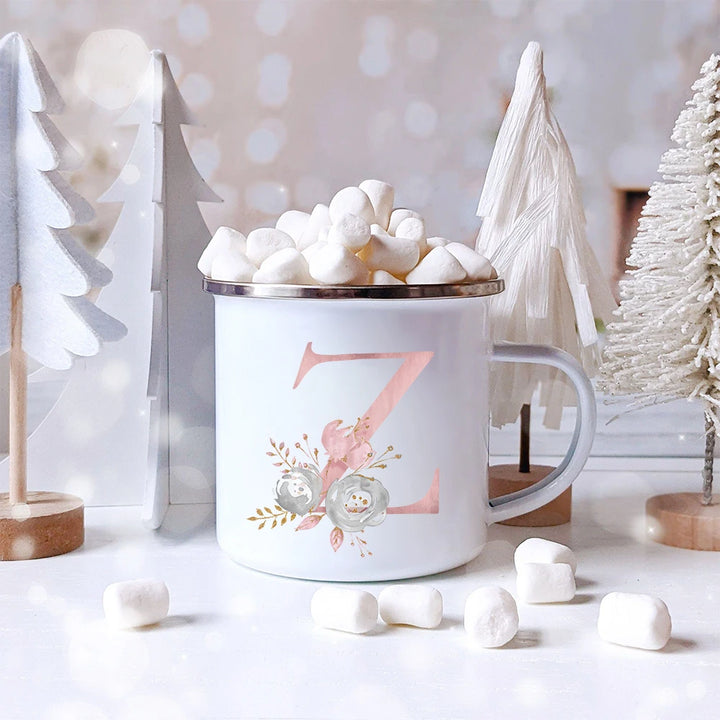"Pink Letter Flowers Enamel Coffee Mug | Bridal Party & Wedding Gift"