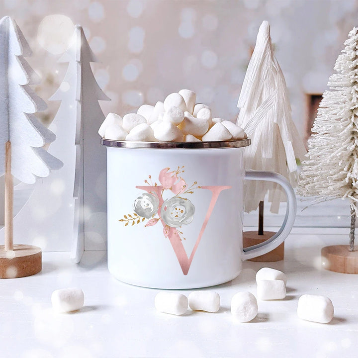 "Pink Letter Flowers Enamel Coffee Mug | Bridal Party & Wedding Gift"
