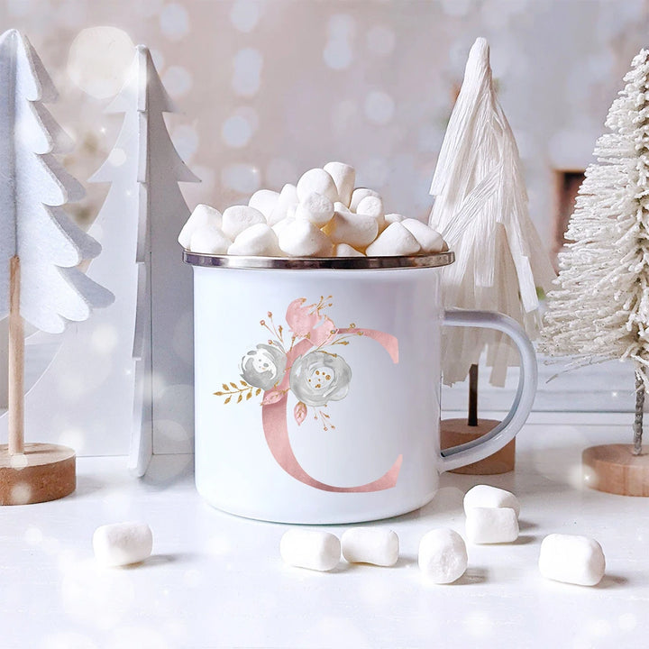 "Pink Letter Flowers Enamel Coffee Mug | Bridal Party & Wedding Gift"