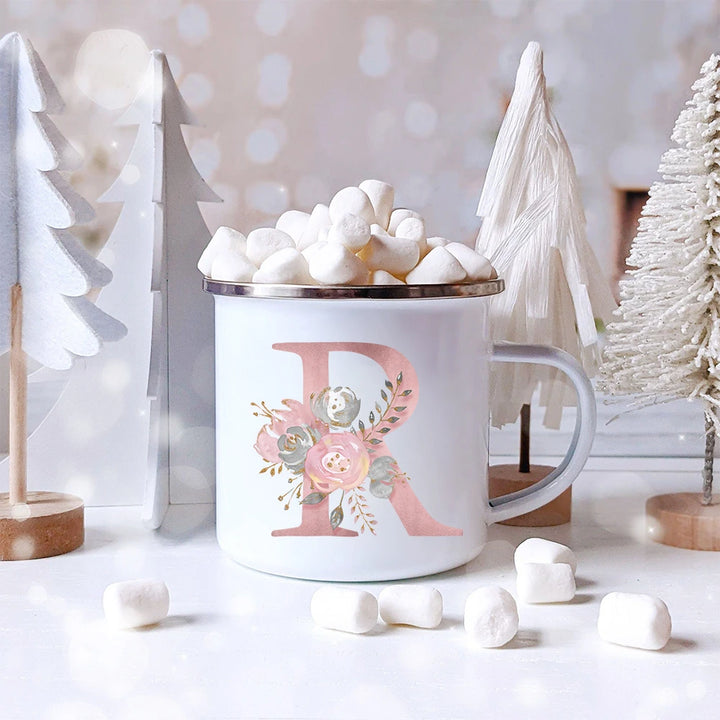 "Pink Letter Flowers Enamel Coffee Mug | Bridal Party & Wedding Gift"
