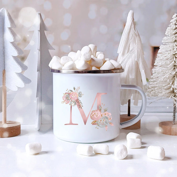 "Pink Letter Flowers Enamel Coffee Mug | Bridal Party & Wedding Gift"