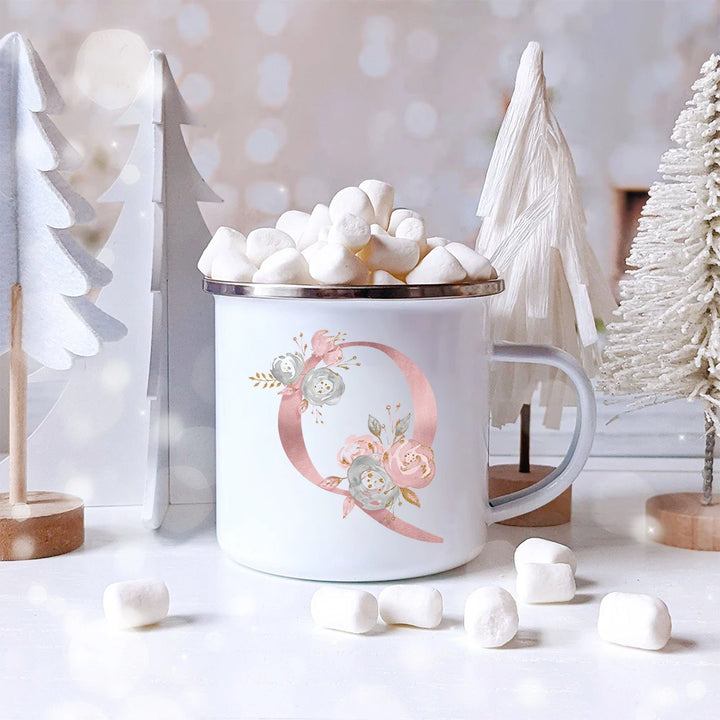 "Pink Letter Flowers Enamel Coffee Mug | Bridal Party & Wedding Gift"