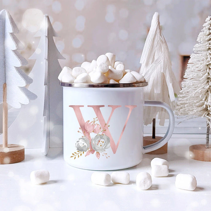 "Pink Letter Flowers Enamel Coffee Mug | Bridal Party & Wedding Gift"