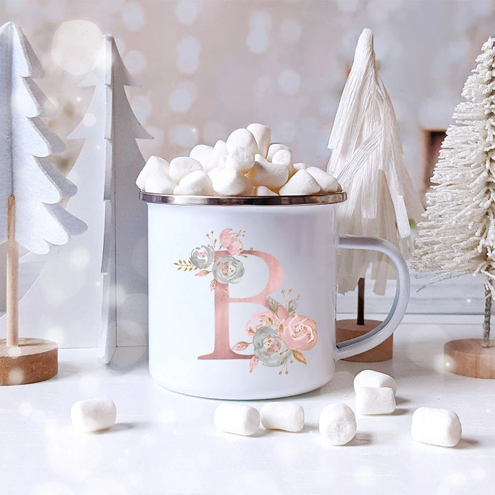 "Pink Letter Flowers Enamel Coffee Mug | Bridal Party & Wedding Gift"