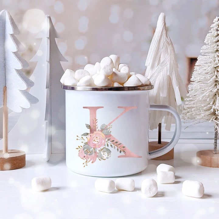 "Pink Letter Flowers Enamel Coffee Mug | Bridal Party & Wedding Gift"