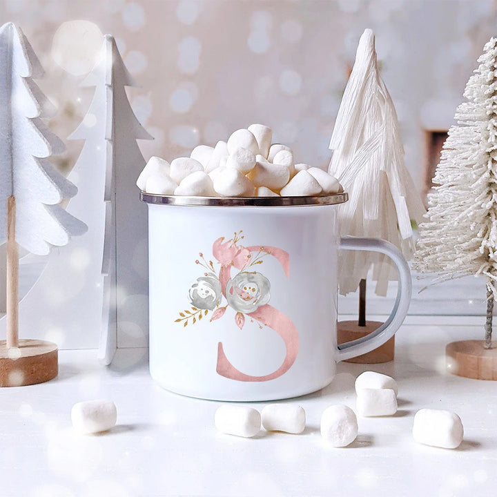 "Pink Letter Flowers Enamel Coffee Mug | Bridal Party & Wedding Gift"