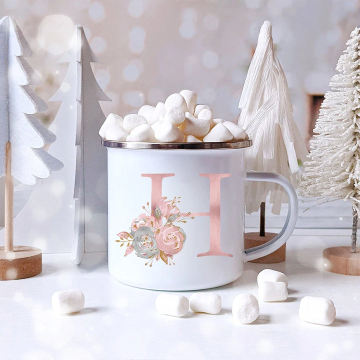 "Pink Letter Flowers Enamel Coffee Mug | Bridal Party & Wedding Gift"