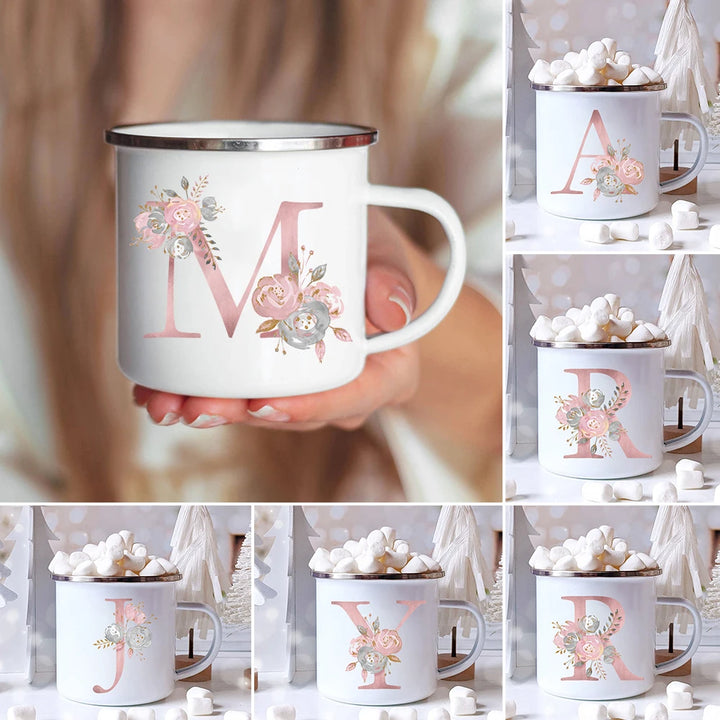 "Pink Letter Flowers Enamel Coffee Mug | Bridal Party & Wedding Gift"